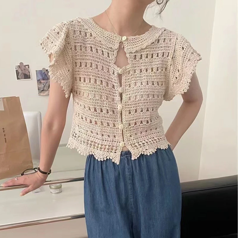 Embroidery Crochet Top Cardigan Flying Sleeve Wavy Hem Crop Tops for Women Korean Fashion Chic Spring Summer Outfit