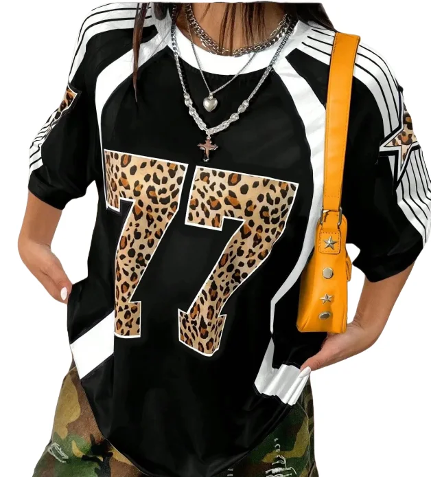 

Футболка с леопардовым принтом 77, женская летняя сексуальная футболка большого размера, трендовая футболка в стиле Харадзюку, женская уличная одежда с короткими рукавами, женские топы