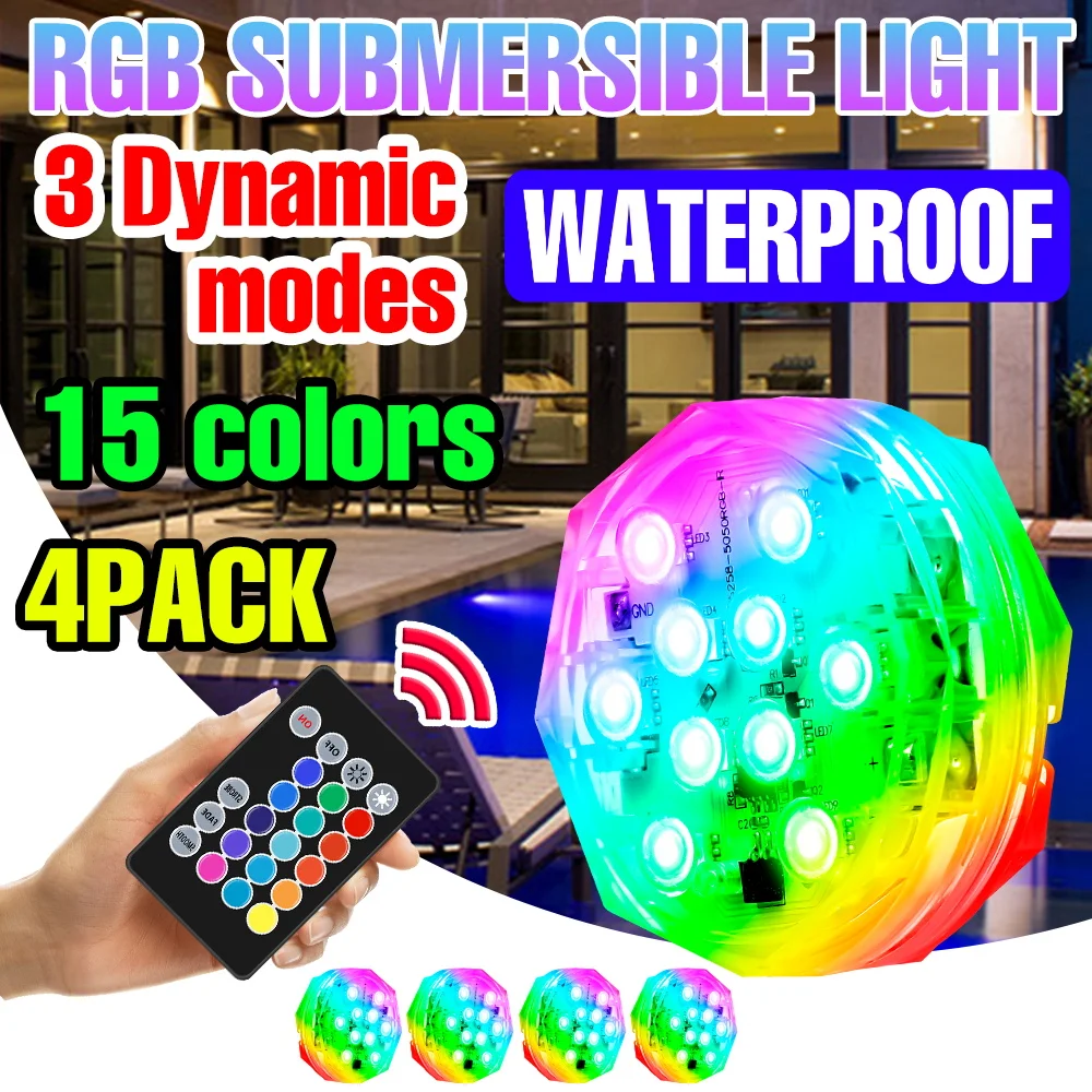 

Набор из 4 светодиодных подводных светильников RGB с изменением цвета, 15 цветов, для аквариума, водонепроницаемые, с регулировкой яркости, на батарейках