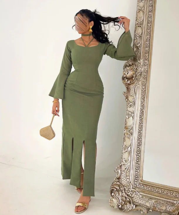 Индивидуальное высокое качество с длинными рукавами и квадратным воротником с разрезом до щиколотки, зеленое длинное женское вечернее платье Grace Robe De Soirée Femme