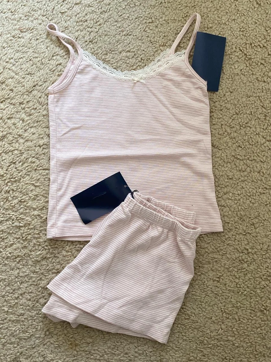 Striped Pink Vest Shorts 2 Pieces Set Woman Lace Trim Bow Slim Tank Top with High Waist Straight Short Pant Cotton Sweet Sets