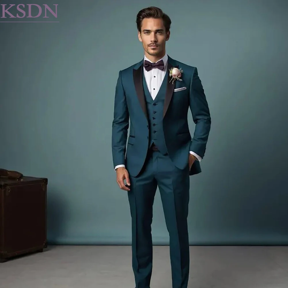 Dark Teal Men's Tuxedos Slim Fit Single Breasted Black Satin Peak Lapel 3 Piece Jacket Pants Vest Suits For Wedding Grommsmen
