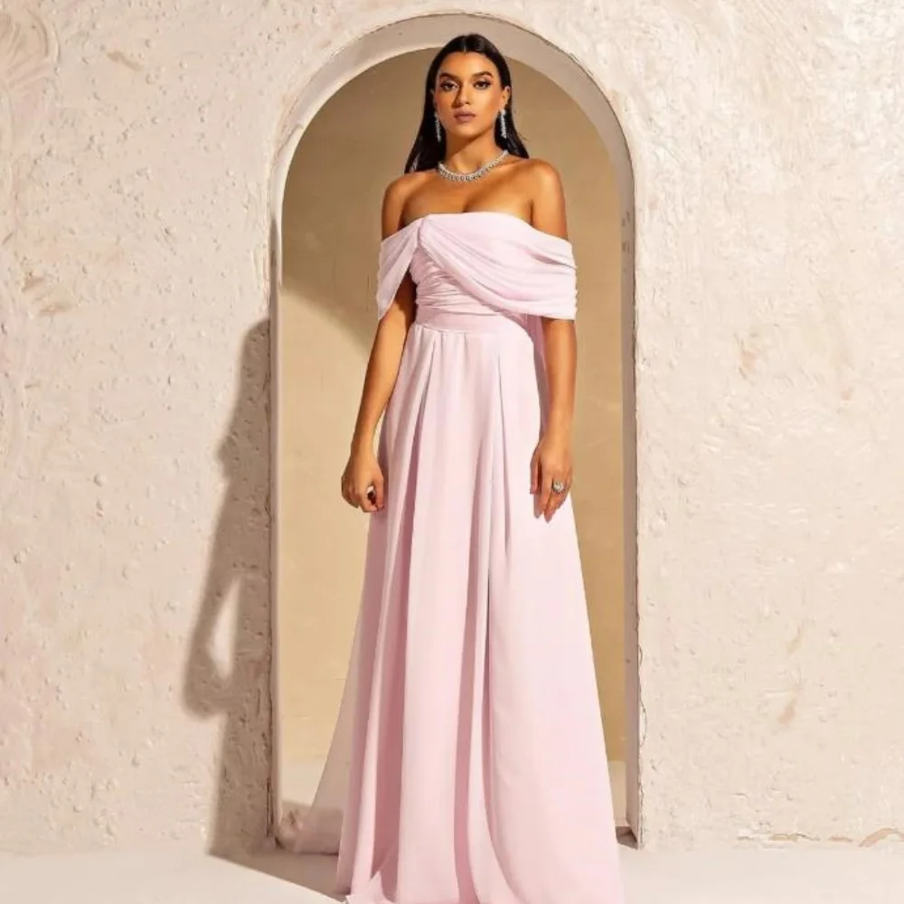 

Customized Sizes Available Simple Pink Chiffon Pleat Ruched A-line Off-the-shoulder Long Dresses Evening Dresses