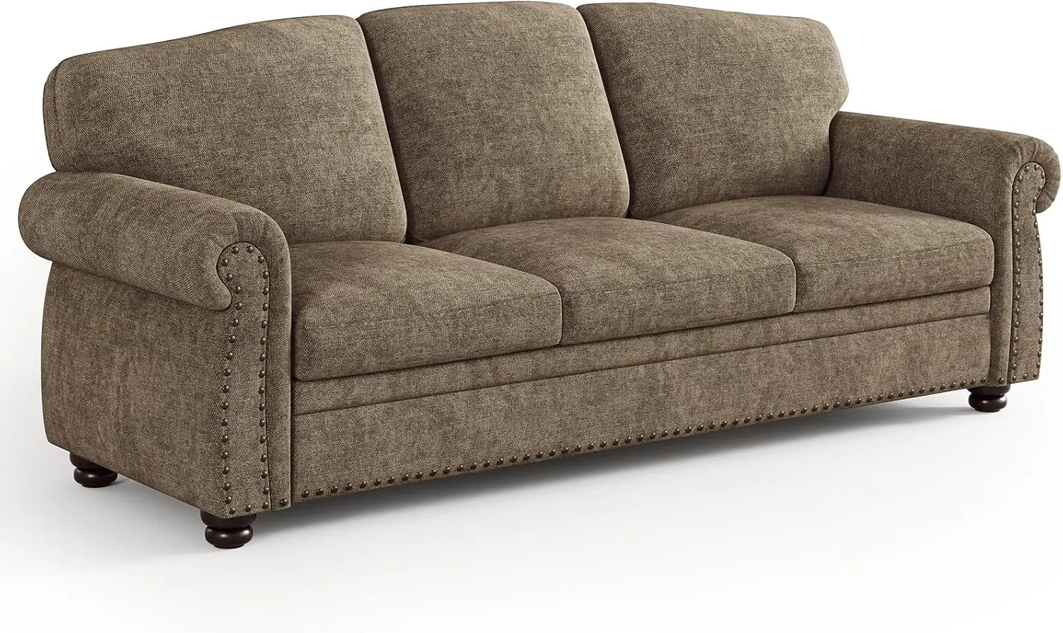

90 Inch Rolled Arm Sofa for Living Room, Deep Seat Nailhead Trim Couch, Comfy 3 Seater Chenille Couch w/Wooden Leg, Brown