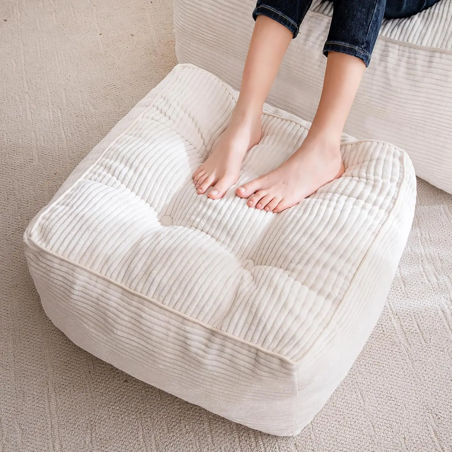Square Stuffed Pouf Ottoman, Corduroy Pouf with Foam Chunk Filling, 21x21 Floor Pouf Foot Rest for Living Room, Beige