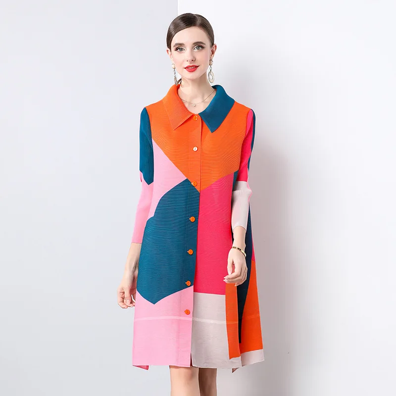 Sukienka Miyake z kontrastowym nadrukiem, plisowana, damska, wiosenno-letnia, luźna, tuszująca brzuch, cienka koszulowa spódnica.