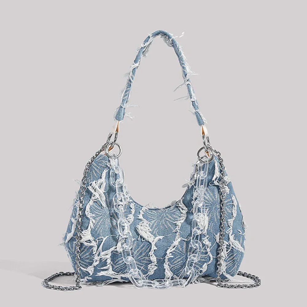 

Casual Denim Underarm Bags for Women Acrylic Chains Shoulder Bag Canvas Tassel Handbags and Purses Crossbody Bag NEW Tote Clutch