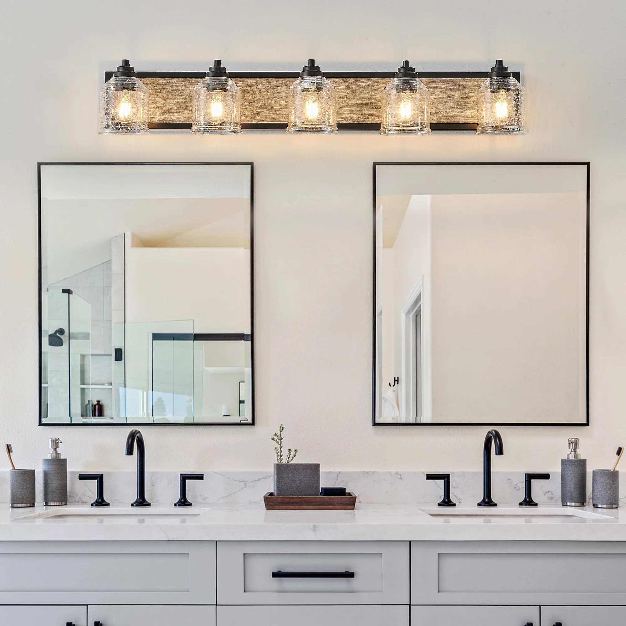 Modern 5-Light Vanity Light Bracket Light Wall Source Black Finish with Clear Seeded Glass Shade for Bathroom Powder Room Mirror