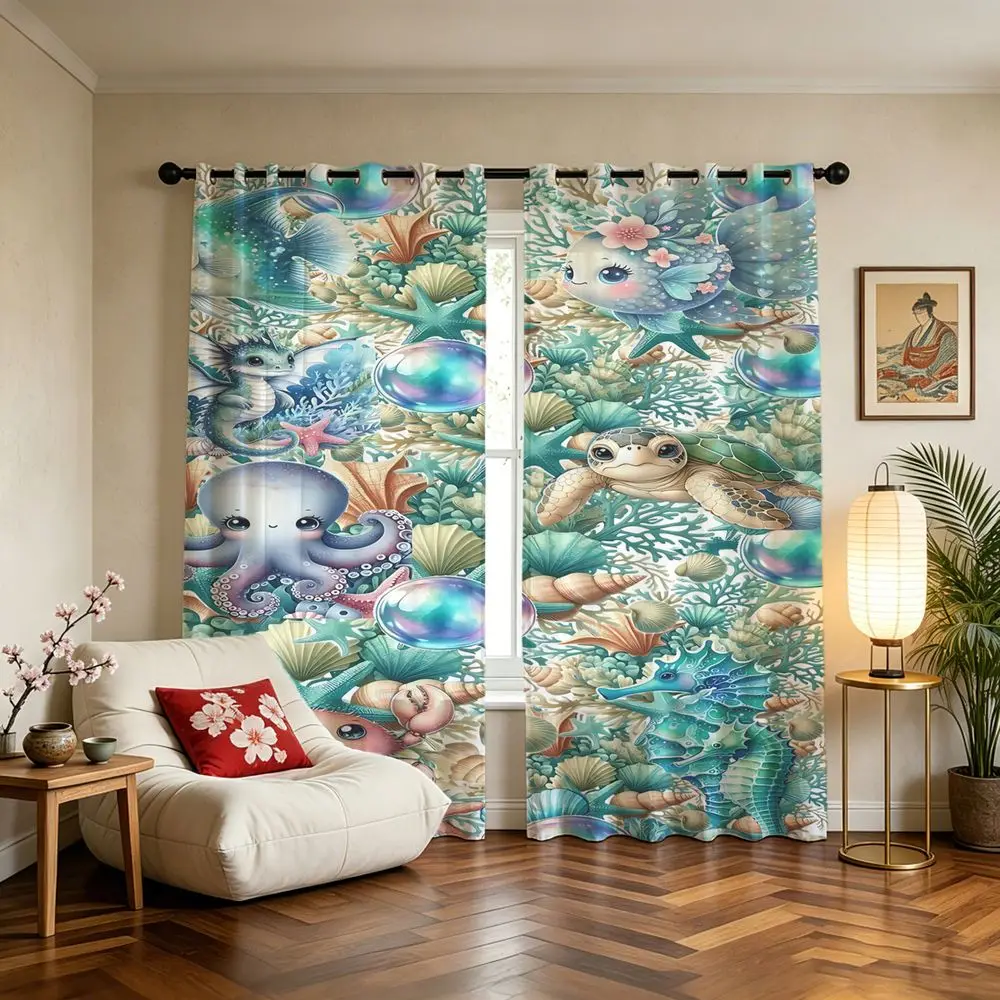 Watercolor Ocean Creature Printed Curtains 2 Panels Darkening Curtains Light Blocking Rate 85% Decoration Curtains for Adult Bed