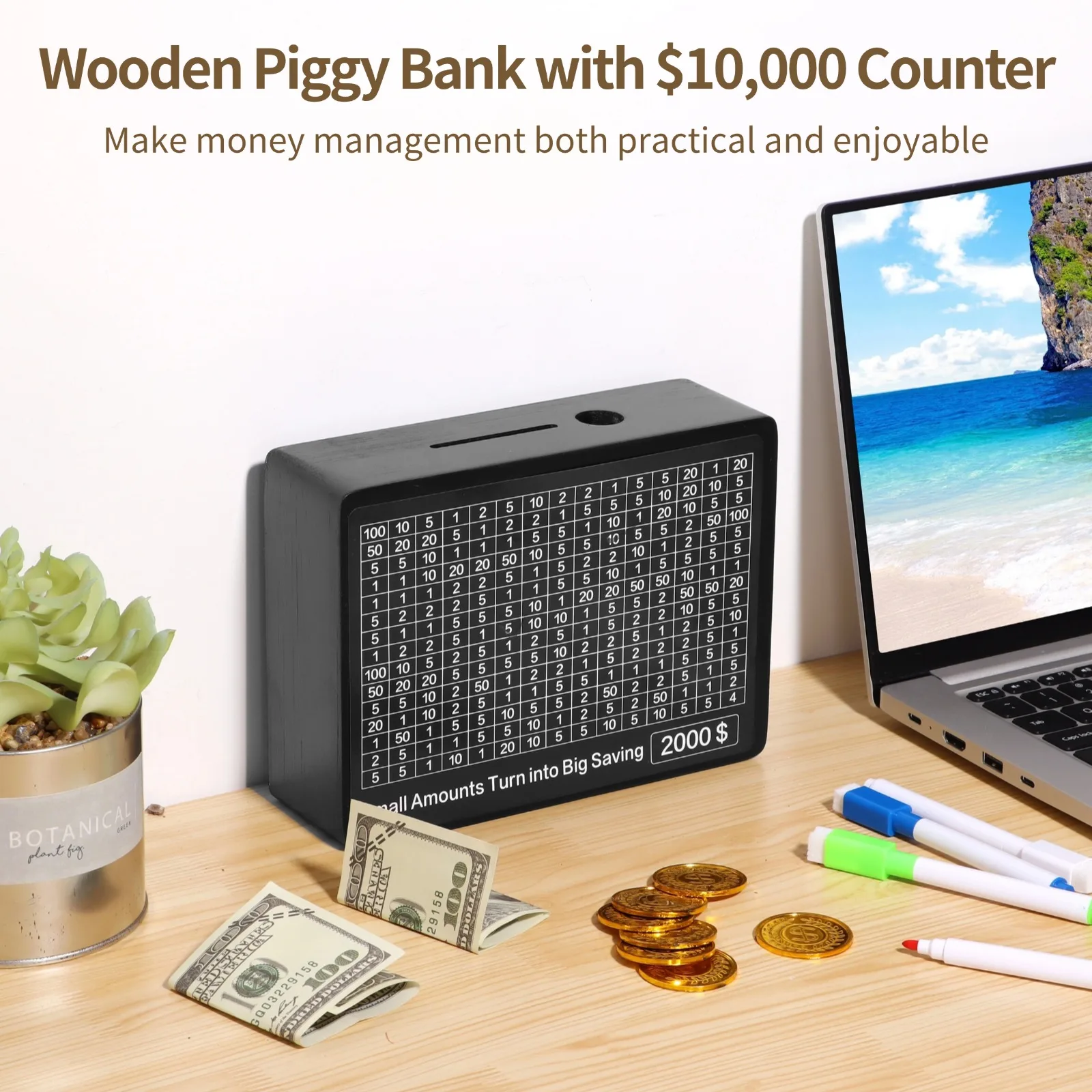 Adults Piggy Bank Counter Free Amount Goal With Number Stickers Wooden Money Box For Cash And Coins Ideal Money Saving Solution