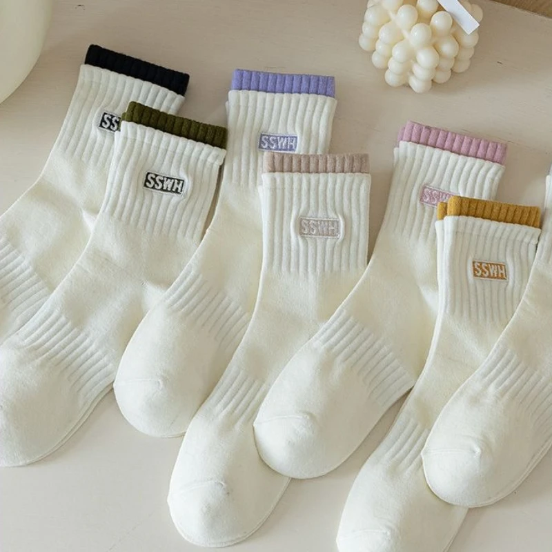 

7 pairs of white socks for autumn winter new style mid tube socks breathable letter sports simple casual women's socks