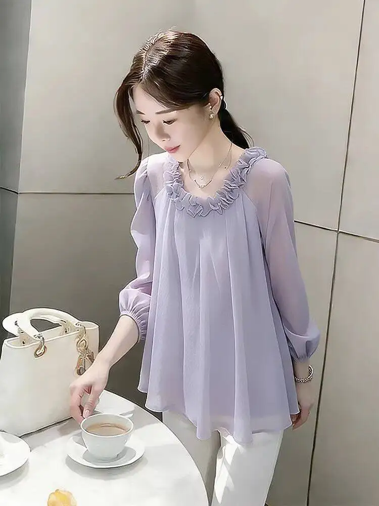 

Lace Collar Long Sleeve Chiffon Shirt Women Summer Elegant Ageless Gentle Loose Versatile Top Casual Style Floral Print Blouse
