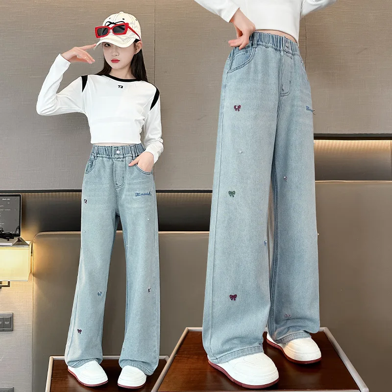 

Girls Jeans Autumn New Loose Wide Leg Denim Pants Children's Fashion bow Embroidered Straight Long Trousers for Big Kids