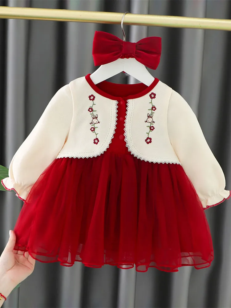 Girl\'s Dress Autumn New Children\'s Flower Embroidery Christmas Red Princess Dresses Baby 1 Year Old Birthday Mesh Splice Dress