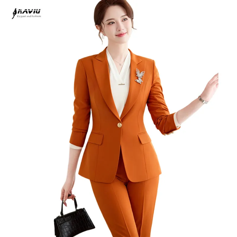 NAVIU High Quality Orange Women Business Suits Pants And Blazer Sets Office Ladies Work Wear Beautician Uniform Styles