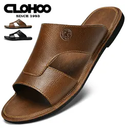 CLOHOO Slippers Male Casual Simple Leather Sandals Summer High Quality Comfortable Non-Slip Mules Sandals For Men 2024 Luxury