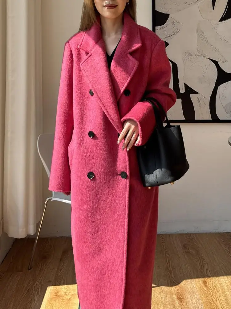 

Office Lady Double-Breasted Woolen Jackets 2025 Autumn And Winter High-End Suit Collar Straight Women's Long 100% Wool Coats