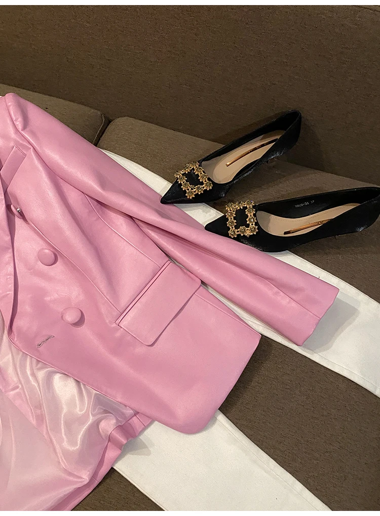Lautaro Spring Stylish Short Pink Soft Pu Leather Blazer Long Sleeve Slim Fit Luxury Jackets for Women 2022 Elegant Fashion 5xl