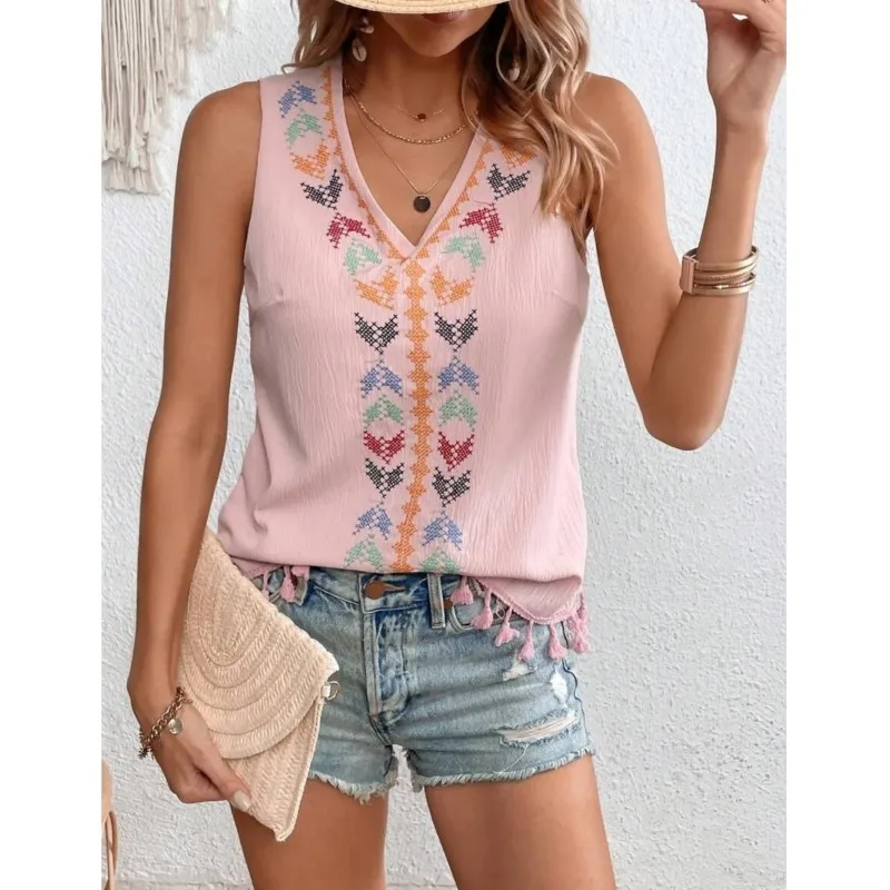 Blus Boho wanita musim panas Vintage rumbai Tank Top tanpa lengan Floral bordir V-Neck baju kaus Fashion wanita kasual