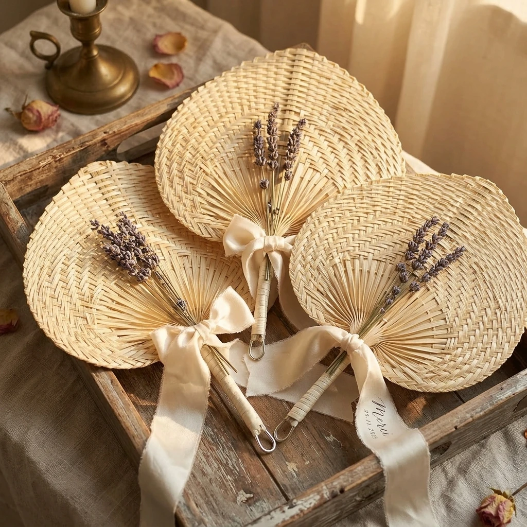 100-10PC Wedding Decor Fans Bamboo Raffia Hand Fans for Guest Hand Weaving Fan for Summer Cooling Beach Wall Decor Party Favor