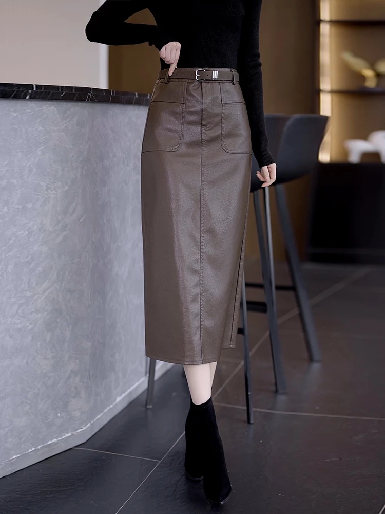 High Waist Fleece Lined PU Leather Skirt Women's Autumn Winter New Style One Step Wrap around Midi Skirt Casual Comfortable