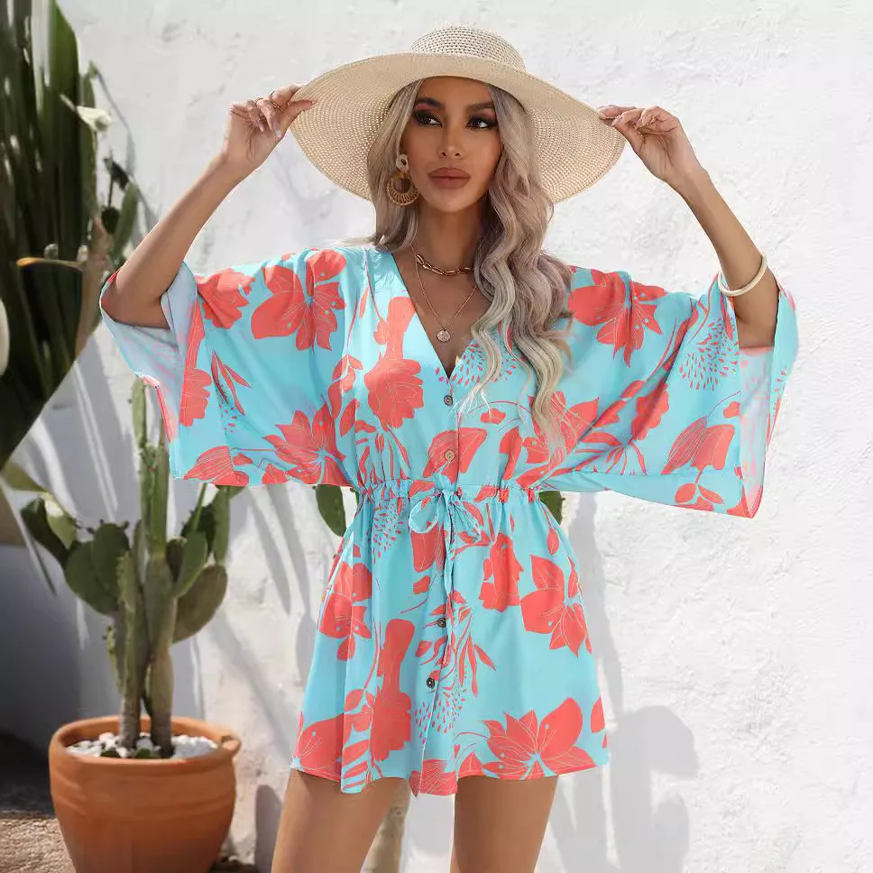 Women'S Beach Mini Sundress Summer Leaf Fresh Print Dress For Fine Women V Neck Short Sleeve Casual Dresses Ropa De Mujer