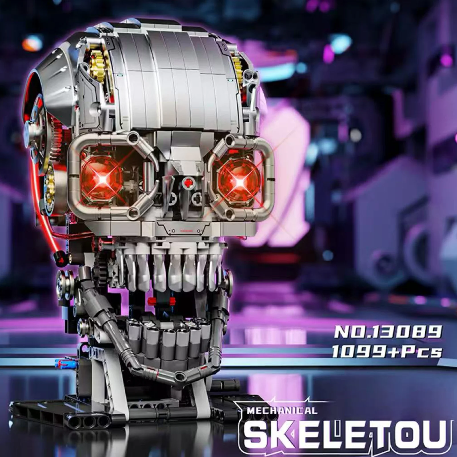 1099PCS STEM Toy Mechanical Building Block Head Skull Decoration Interlocking With light Desktop Ornament  Assembly Toy Boy Gift
