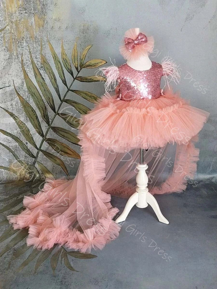 

Coral Tulle Birthday Dress for Baby Girls Round Neck Cap Sleeves Puffy Tutu With Sequined Bow Princess Flower Girl Dress Custom
