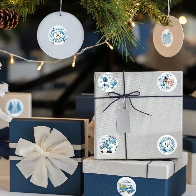 500PCS Christmas Happy Sticker Roll Watercolor Blue Christmas Tree Santa Claus Snowman Decals Self-adhesive Stickers