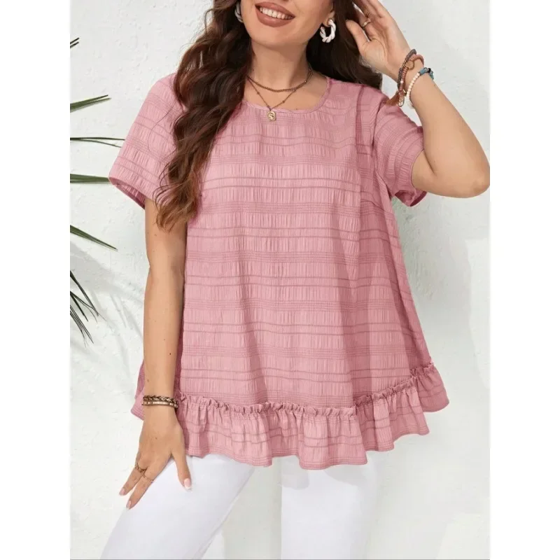 

Plus Size 1XL-5XL New Women's Casual and Fashionable Ruffled Round Neck Short Sleeved Shirt
