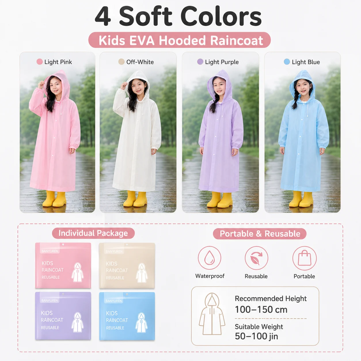 2-Pack Kids Hooded Raincoats Ages 3-6, Thick Waterproof Ponchos with Wide Brim & Backpack Space for Boys and Girls