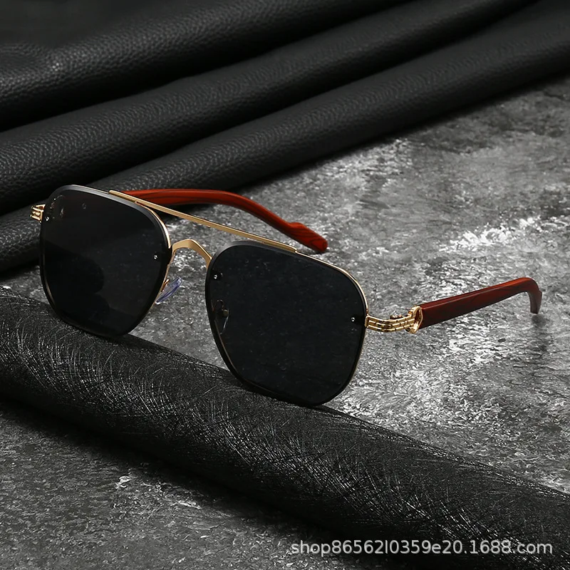 

Unisex Double-Bridge Half-Rim Polygonal Sunglasses Wood Grain Temples UV400 Retro Outdoor Cycling Shades