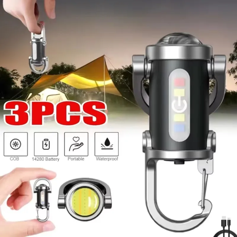 Newest COB Work Light TYPE-C Rechargeable LED Flashlight Keychain Hanging Portable Light Waterproof Keyring Camping Pocket Lamp