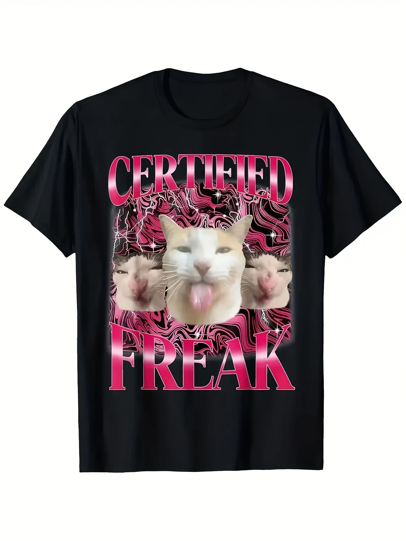 

Men's Clothing, Funny and Humorous, Kitten Emoji Print, Breathable and Comfortable Short-sleeved, Street Hip-hop Short-sleeved