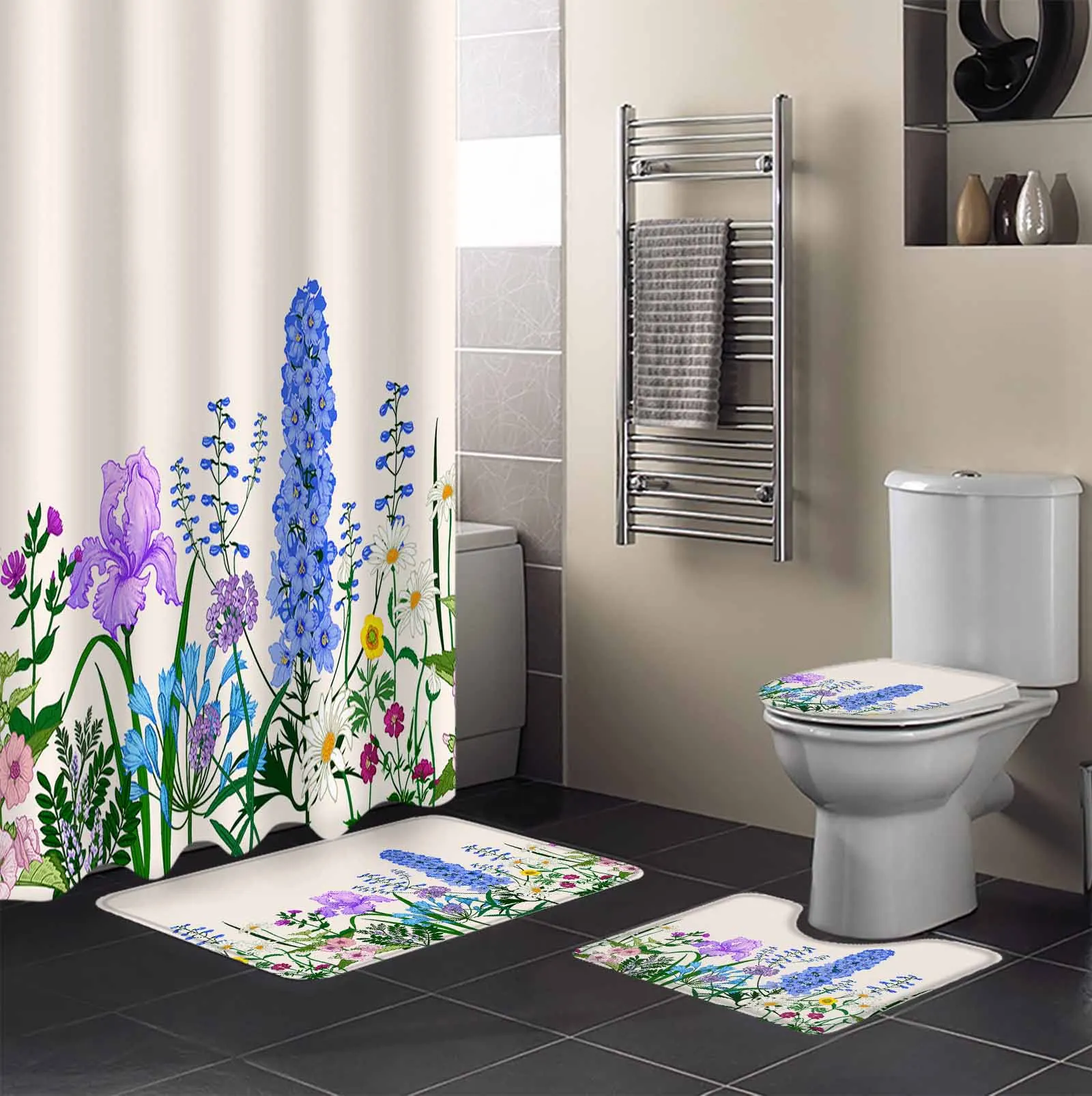 Spring Plants Flowers Herbs Shower Curtain Non-Slip Rugs Toilet Lid Cover and Bath Mat Bathroom Curtains with Hooks