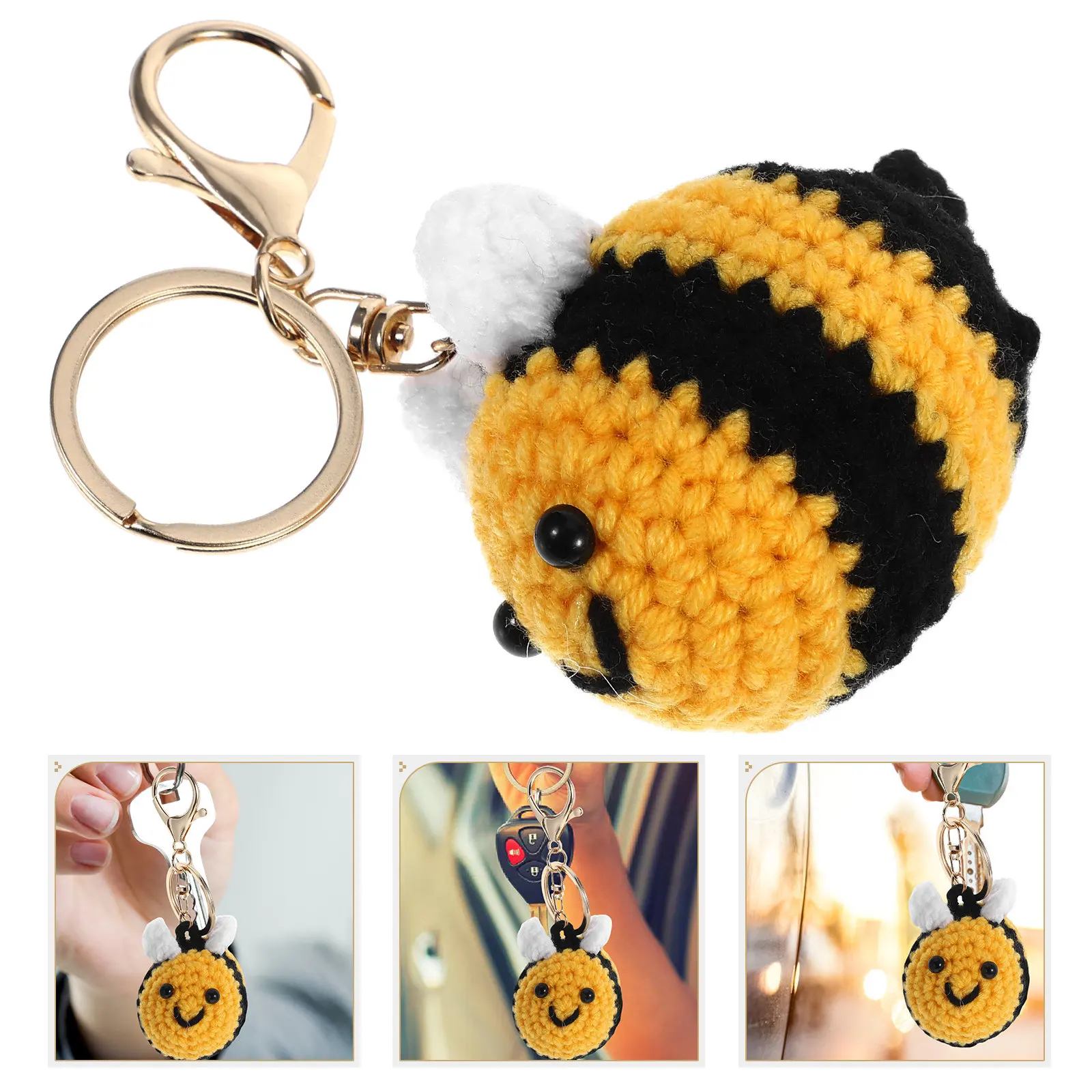Creative Small Bee Pendant Charm Handmade Crochet Bee Keychain Knitted Honeybee Keyring Cute Bag Car Ornament Gift Accessory