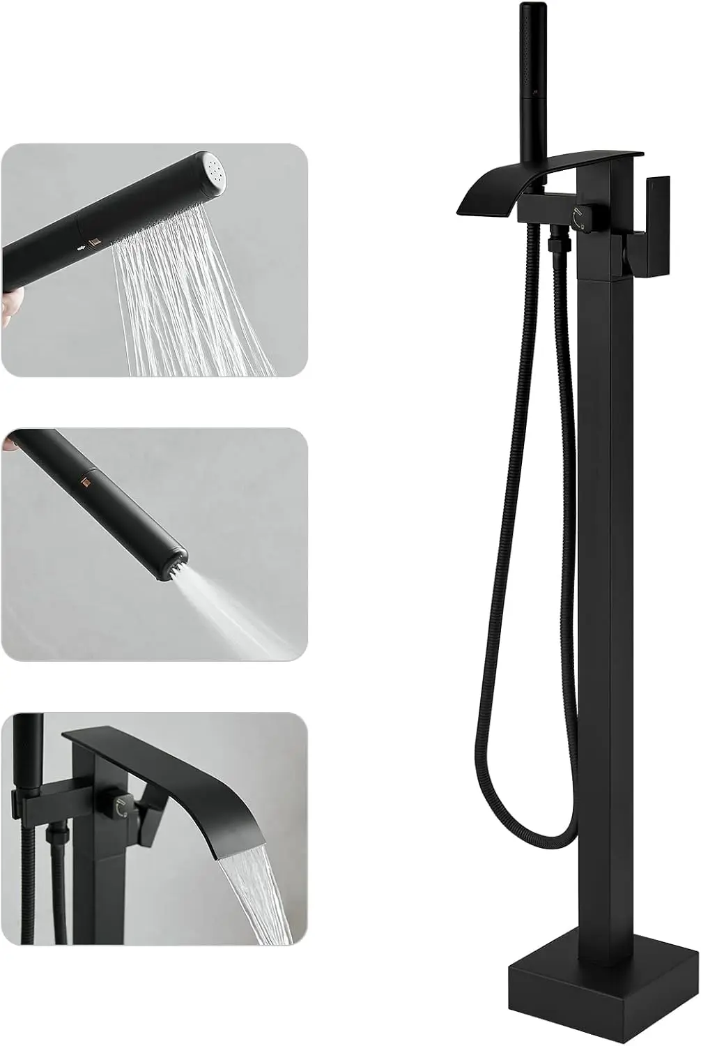 

Freestanding Tub Faucet Matte Black Floor Mount Waterfall Brass High Flow with Handheld Sprayer