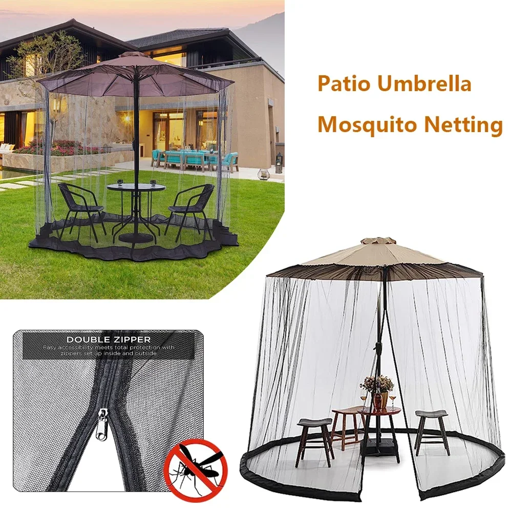 Large Adjustable Mosquito Net Cover for Garden Umbrella Parasol Patio Table with Zipper Doors Bug Screen Protection for Outdoor