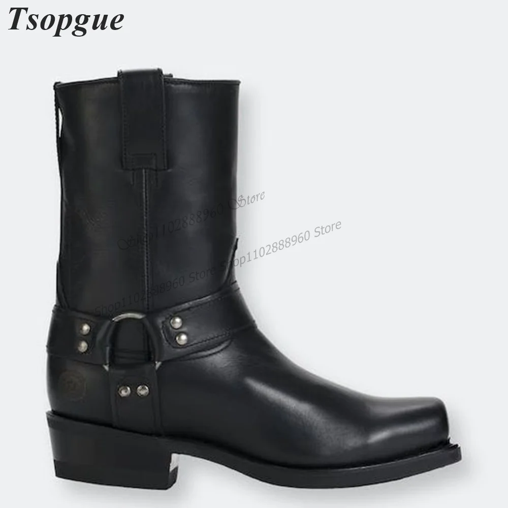 Mid Calf Black Leather Belt Square Toe Men\'s Boots Men Shoes Slip-On Runway Casual Party Shoes 2023 Fashionable Zapatillas Mujer