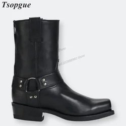 Mid Calf Black Leather Belt Square Toe Men's Boots Men Shoes Slip-On Runway Casual Party Shoes 2023 Fashionable Zapatillas Mujer