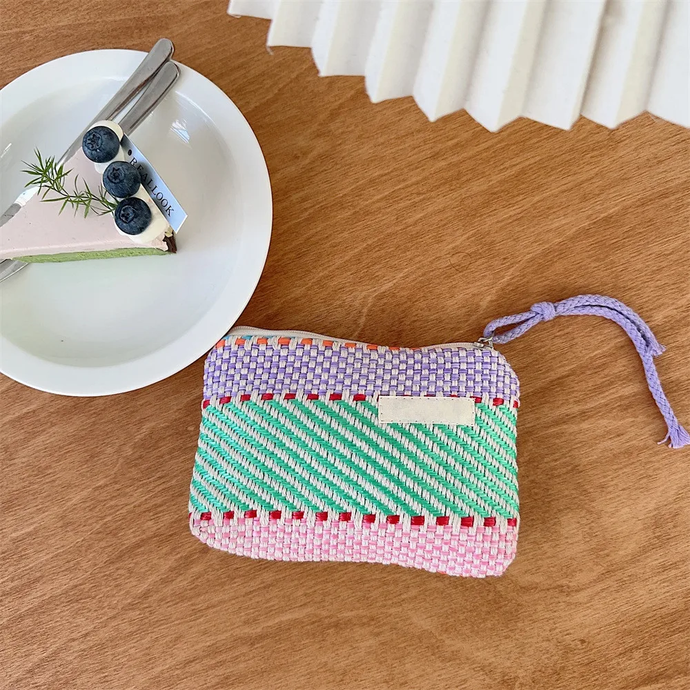 New Woven Colourful Stripes Canvas Clutch Bag Zipper Key Money Bag Pocket Fashion Women Men Coin Purse Small Wallet Card Holder