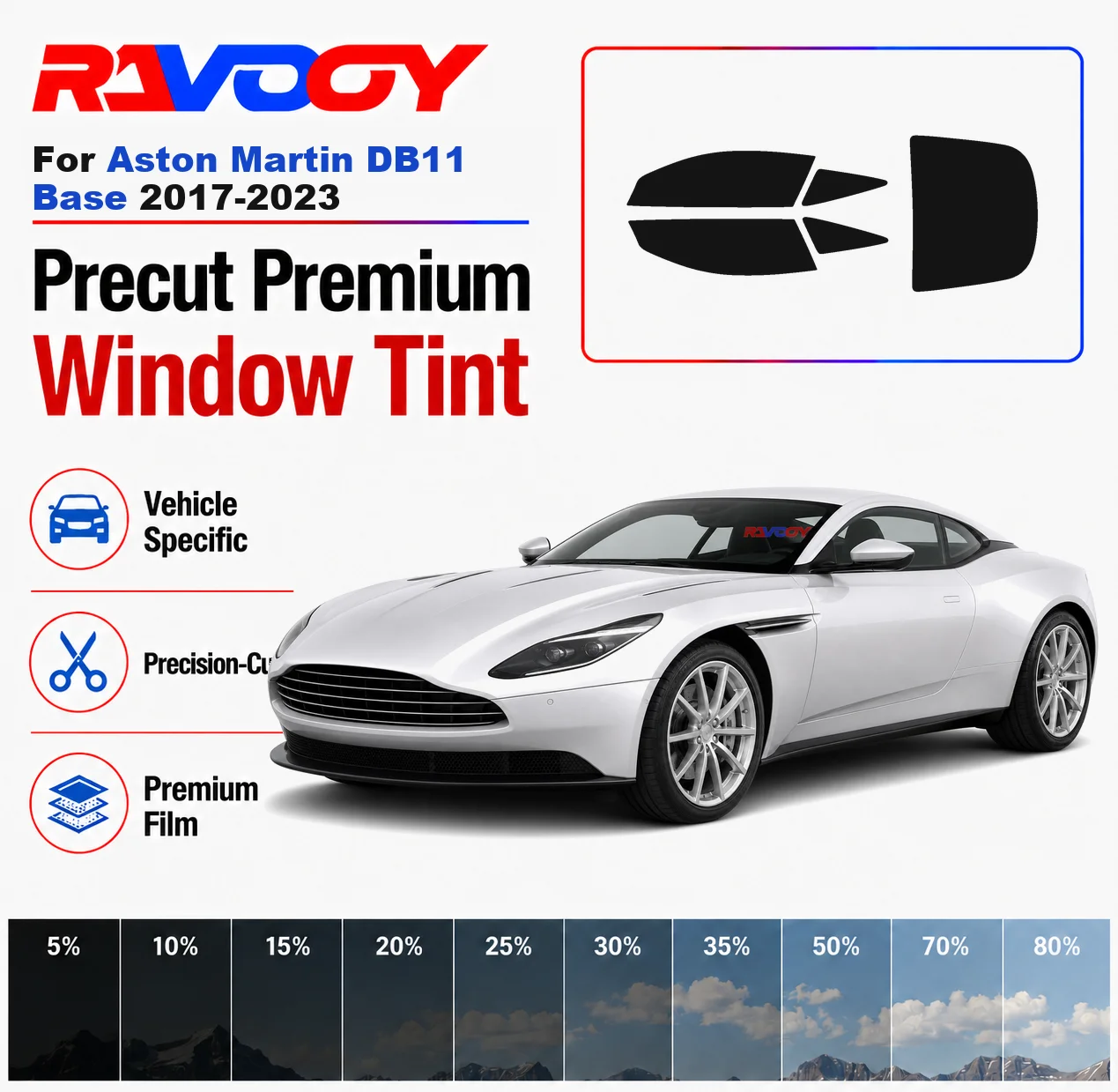 

Premium Precut Window Tint Kit Front Windows Rear Windows Rear Windshield For Aston Martin DB11 Base 2017-2023 Nano Ceramic Film