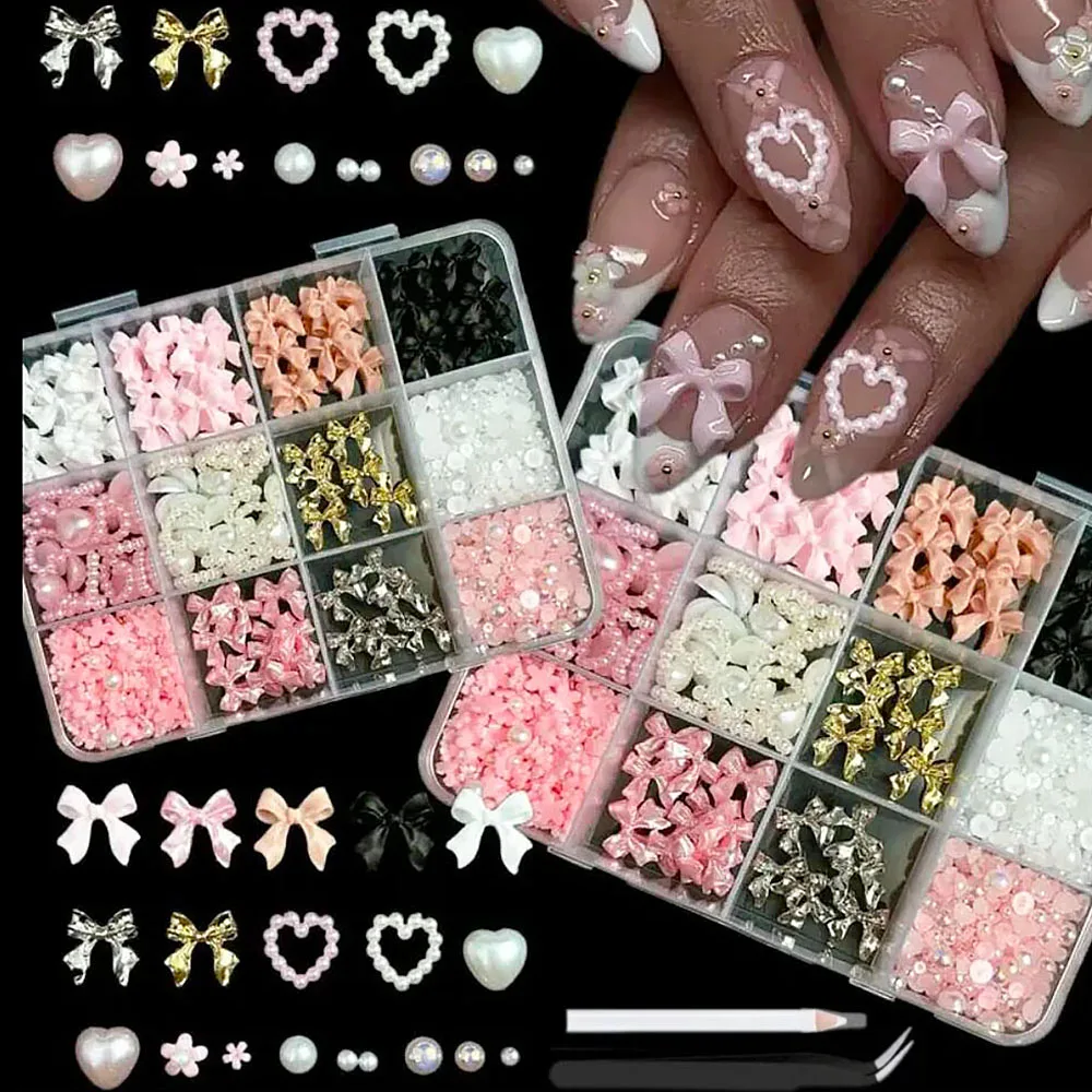 

1Box Mixed Sizes Resin Nail Charms Set Sweet Glossy Ribbon Bow Heart Pearl Flower Nail Accessories +Tweezers&Pen Set DIY Wedding