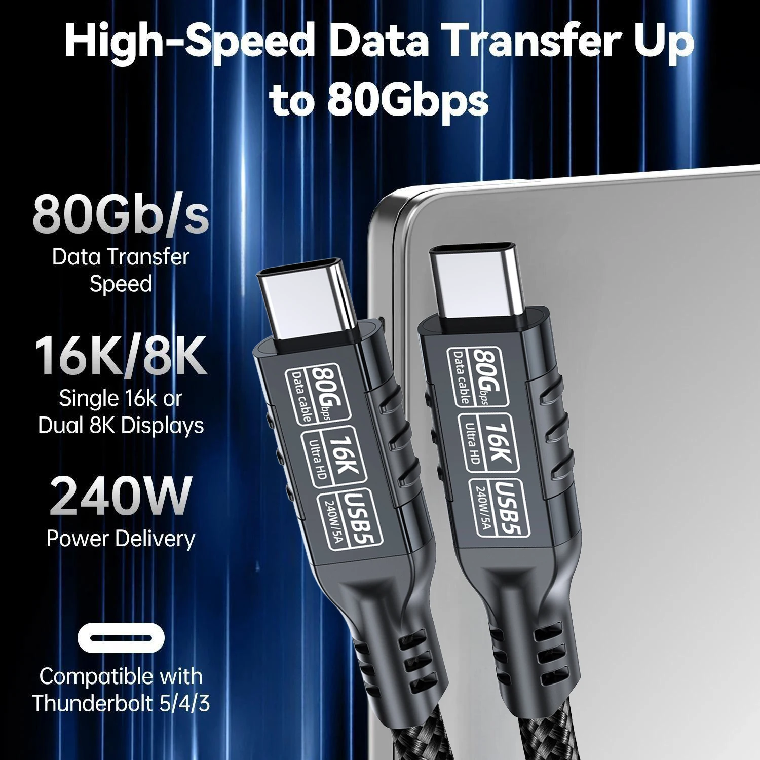 PD240W 80Gbps USB 5 Thunderbolt 5 Type-C كابل 16K 8K 48V/5A Type-C إلى USB C آيفون 16 برو اللوحي التبديل المحمول ماك بوك برو