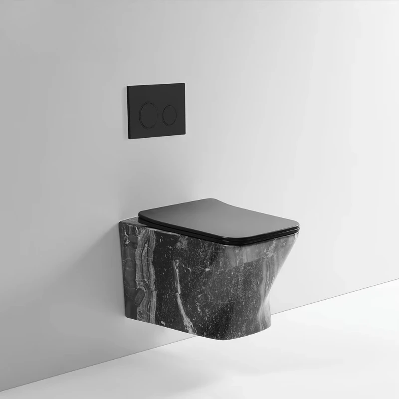 

Набор современной сантехники для ванной комнаты: керамический унитаз без рамки, белый и черный, с мраморным эффектом, настенный монтаж.