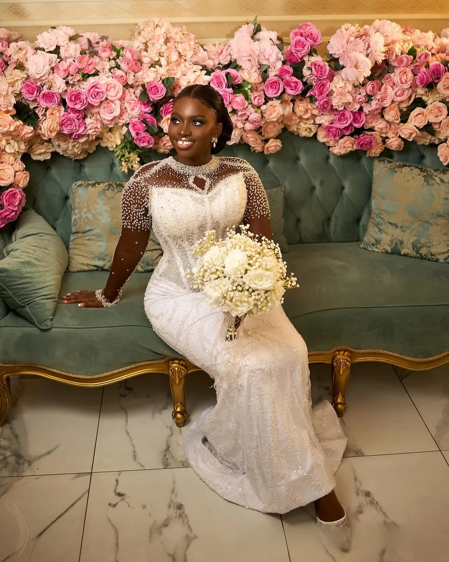 Robe de mariée africaine personnalisée, grande taille, avec traîne détachable, Illusion de sirène, col transparent, dentelle perlée, longue