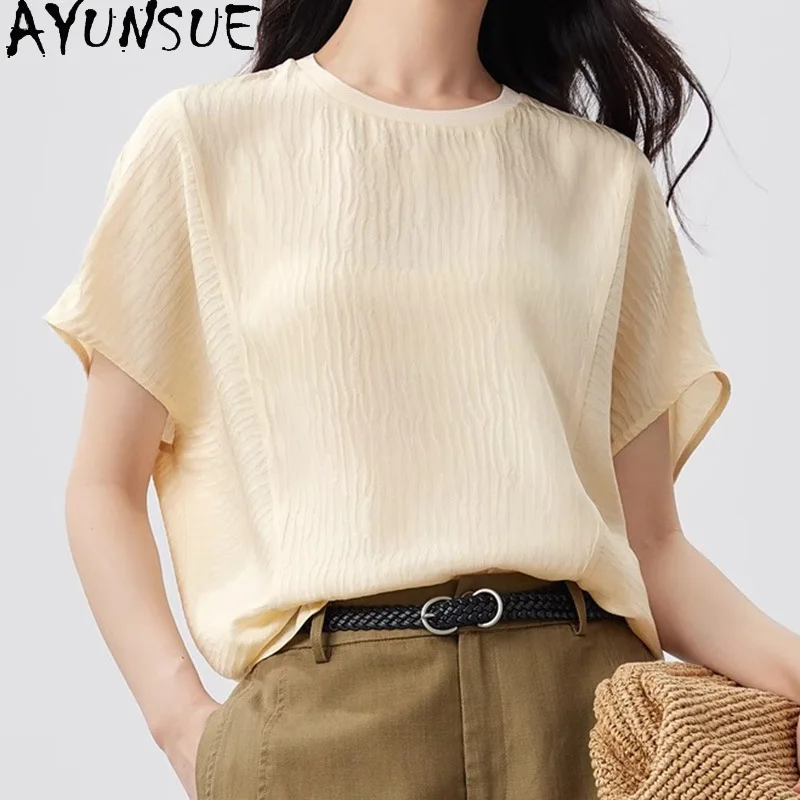 AYUNSUE 19mm Silk Women's T-shirts Simple Short Sleeve Woman Tops Casual O-neck T Shirt Summer Clothes for Woman Топ Женский