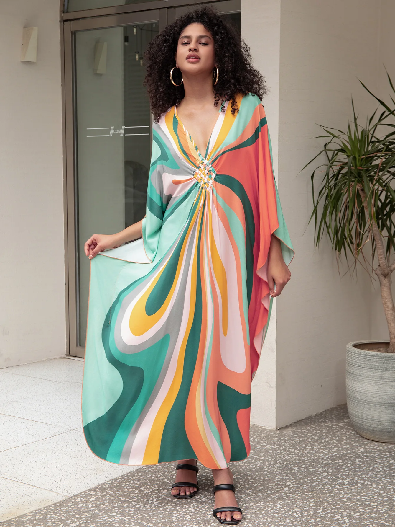 Kaftan Dresses for Women Wave Neck Swimsuit Cover Up Caftan Dress Plus Size Oversized Long Beach Dress