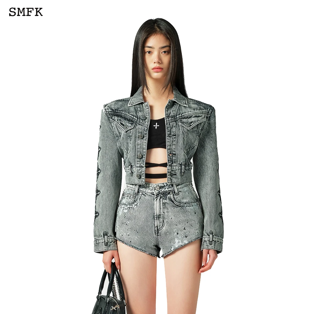 SMFK Magnolia Cross Biker Denim Jacket Women Basic Coats 2022 New Fashion Female Long Sleeve Casual Outerwear Denim Coats Jacke