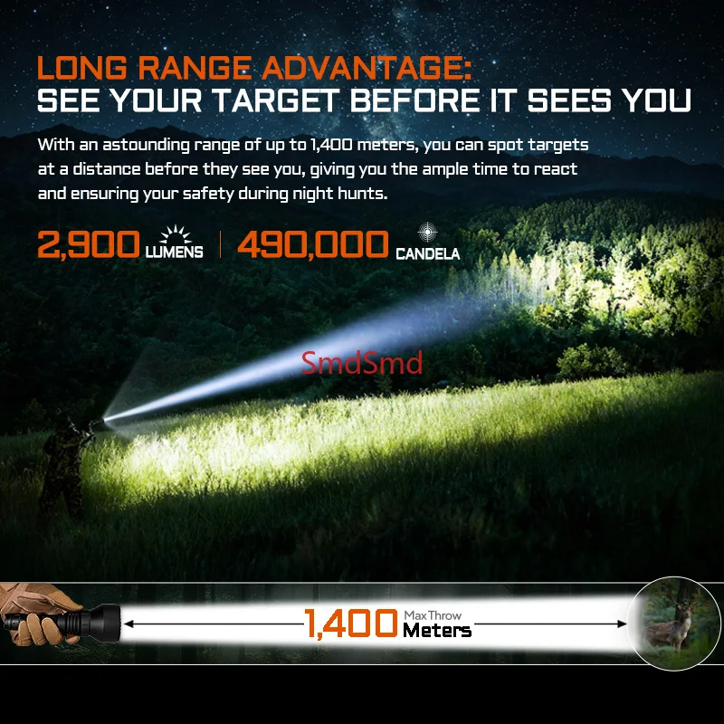 T29 Powerful Long Range Hunting Flashlight 2900 lumens 1400 meters USB C rechargeable battery  For Professional Hunting